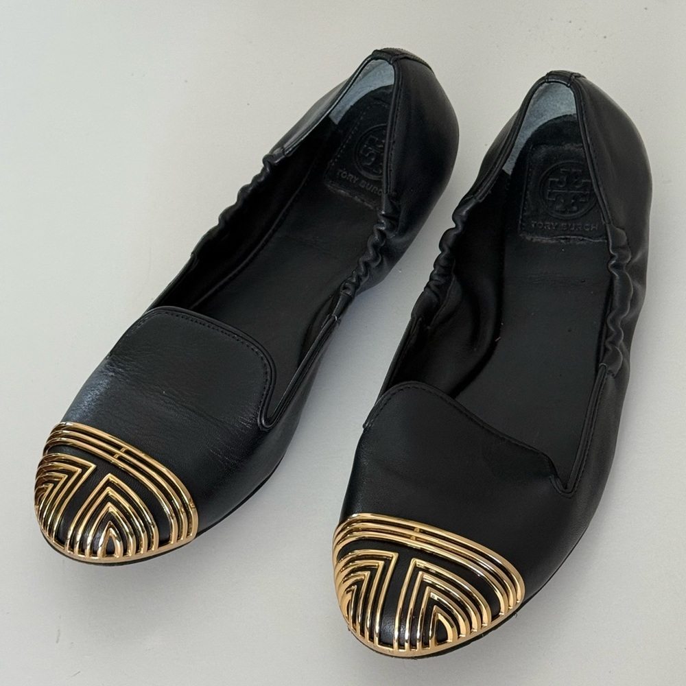 Tory Burch Charlee Women's 100%Calf Leather Ballet Flats Gold Toe Black US 9 - Picture 3 of 9